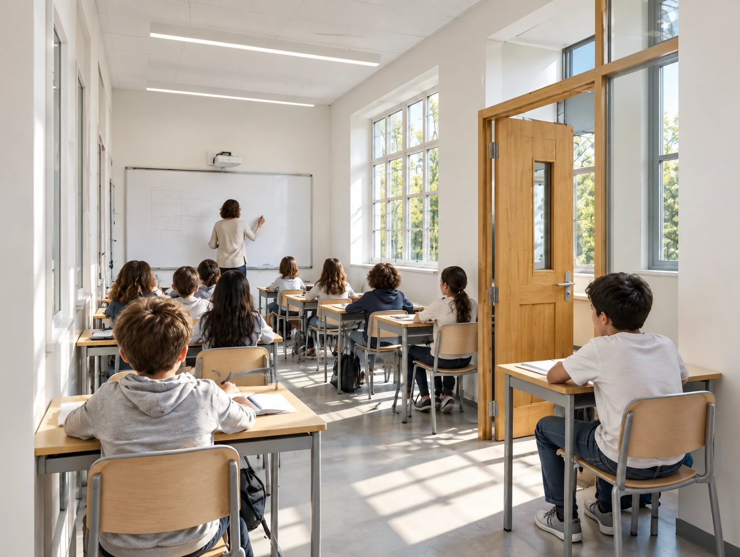 Render realista de aula iluminada naturalmente con mobiliario de madera