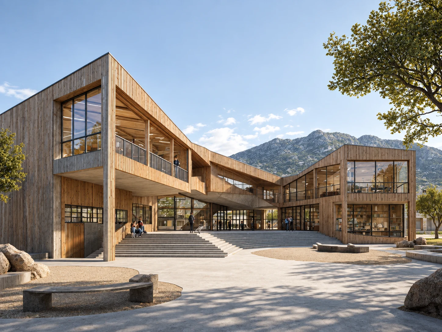 Visualización conceptual de un colegio de dos pisos con revestimiento de madera y patio abierto