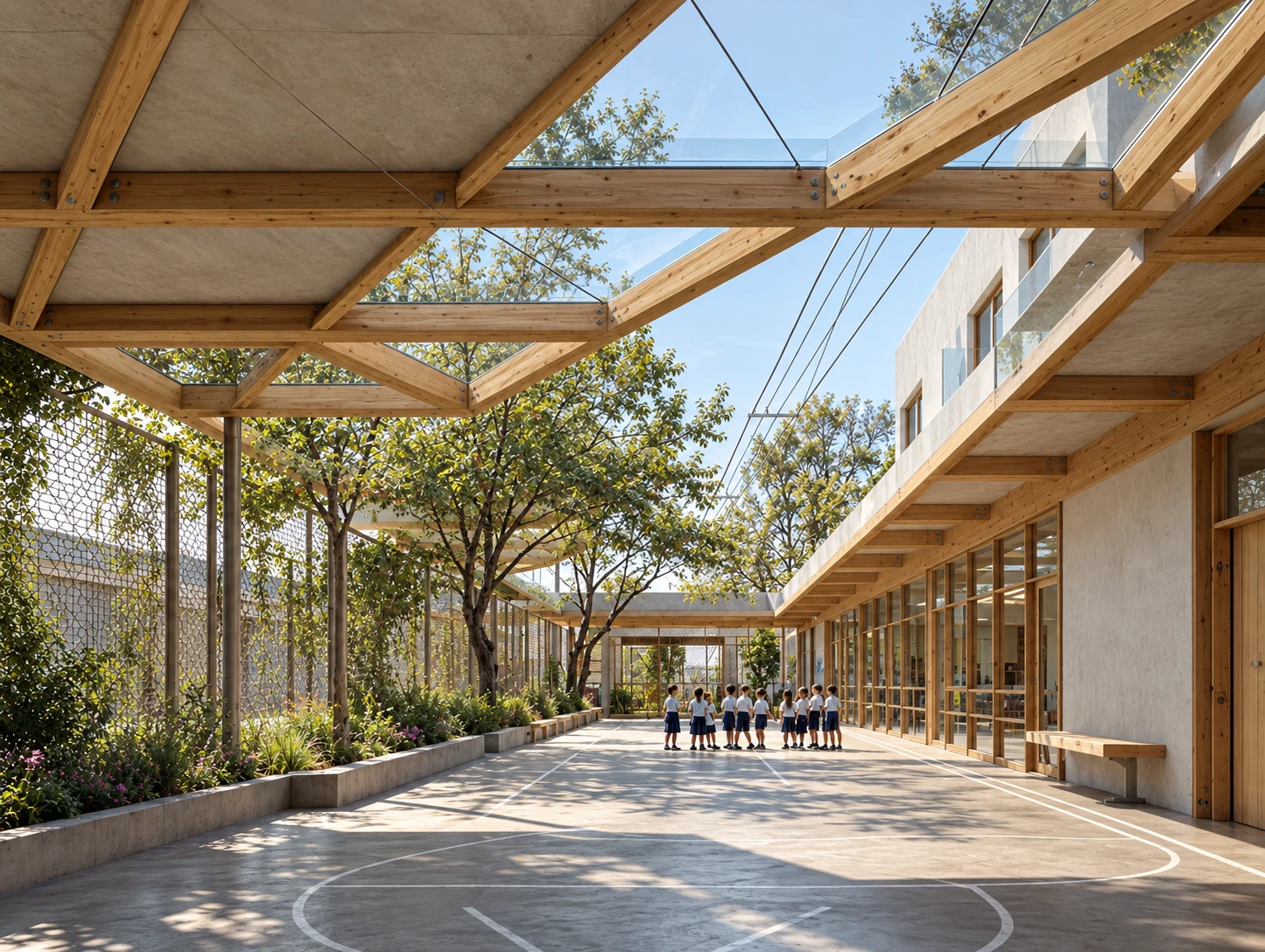 Render de patio escolar con vigas de madera y cubierta vidriada