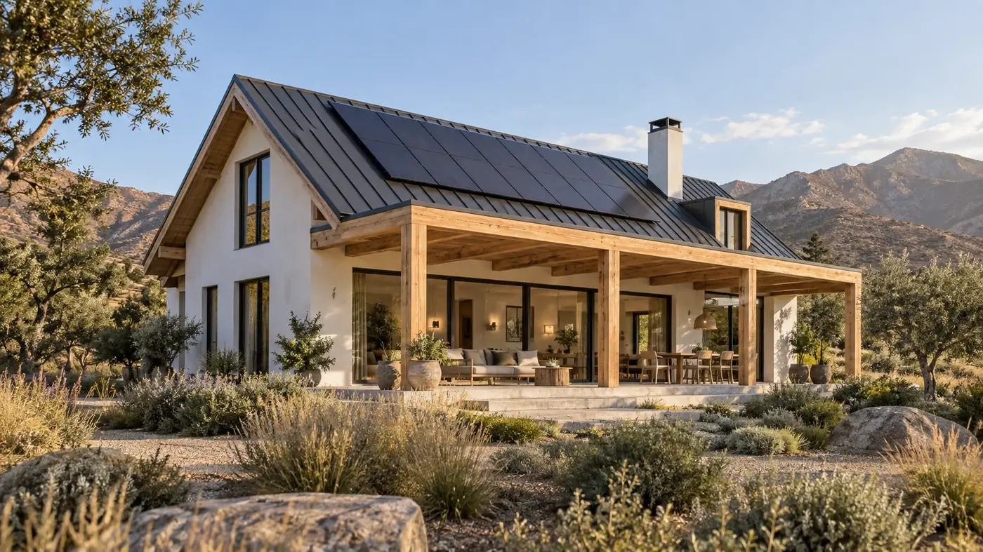 Casa de inspiración nórdica con vigas de madera a la vista, amplios ventanales y paneles solares sobre la cubierta